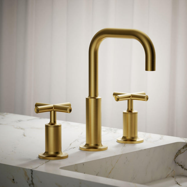 KOHLER K-14406-3-2MB Purist Bathroom Sink Faucet, Widespread Low Cross Handles and Low Gooseneck Spout, Vibrant Brush Moderne Brass