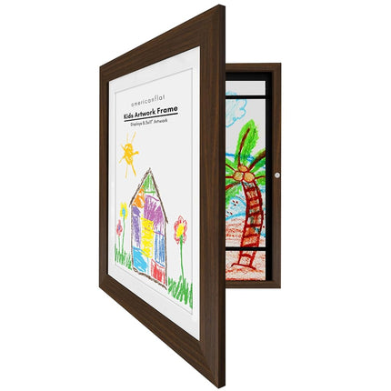 Americanflat Kids Artwork Display Frame Changeable (Walnut) - Magnetic Door Holds 100 Art Pieces - A4 Size Display with Mount or 10x12.5 Without Mount - My Mini Masterpiece