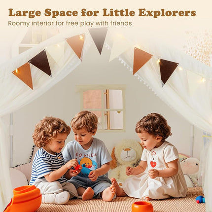 INFANS Kids Play Tent, Large Size Playhouse with Washable Cotton Mat Star Light Windows Plaid Pennants, 57.5” x 38” x 52.5”, Indoor Outdoor Princess Tents Castle for Toddlers Age 3+ Years Old (Beige)
