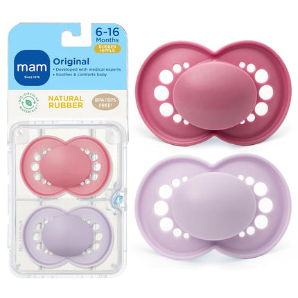 Chupetes MAM Original Látex, chupete para 6-16 meses, tetina de caucho natural, fabricados con materiales biocirculares, fáciles de limpiar, con estuche esterilizador, chupetes de 2 unidades