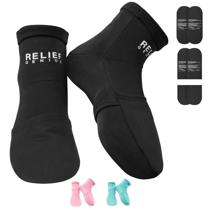Chaussettes de cryothérapie Relief Genius avec packs de gel glacé réutilisables – Soulagement des entorses, douleurs musculaires, contusions, gonflements, œdèmes, chimiothérapie, arthrite, pieds post-partum (Noir, Large)