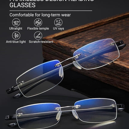 TERAISE 2-Pack Rimless Reading Glasses for Men Women, Enjoy Wider Vision Blue Light Blocking Reading Glasses with Sturdy Lens,Ultralight Computer Reader Comfortable to Wear Reduce Eye Strain(2.0X)
