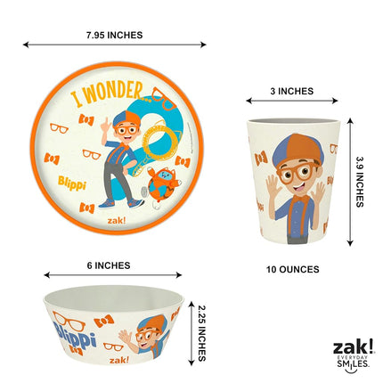 Zak Designs Blippi Kids Dinnerware Set 3 Pieces, Durable and Sustainable Melamine Bamboo Plate, Bowl, and Tumbler are Perfect for Dinner Time with Family (Blippi, TABBS)
