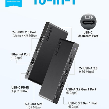 Anker USB C Hub (10-in-1), Dual Monitor with 4K HDMI, Max 100W Power Delivery, Dual 4K HDMI Ports, 4 USB-A/USB-C Data Ports, Ethernet and SD Card Reader for Dell Laptop, ThinkPad, and More