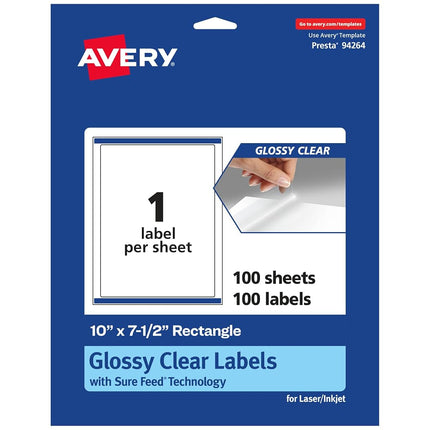 Avery Glossy Clear Rectangle Labels with Sure Feed, 10" x 7.5", 100 Glossy Clear Labels, Laser/Inkjet Printable Labels