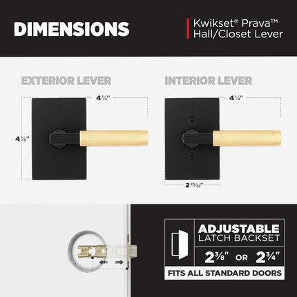 Kwikset Prava Interior Passage Door Handle, Lever for Closet and Hallway Doors, Reversible Non-Locking Handle Lever, Matte Black and Satin Brass, with Microban Protection