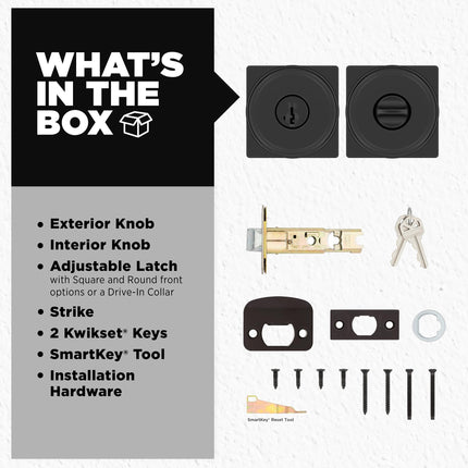 Kwikset Maven Entry Door Knob with Lock and Key, Secure Keyed Handle Exterior, Square Front Entrance and Bedroom, Matte Black, Pick Resistant SmartKey Rekey Security and Microban