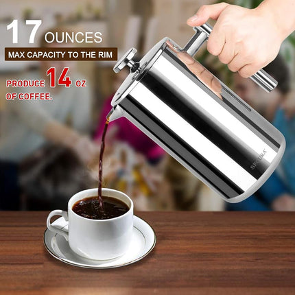 Secura French Press Coffee Maker, 304 Grade Stainless Steel Insulated Coffee Press with 2 Extra Screens, 17oz (0.5 Litre), Silver