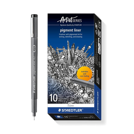 STAEDTLER 308 02-9 Pigment Liner Fineliner Pen for Writing & Technical Drawing - Black, 0.2mm (Box of 10)