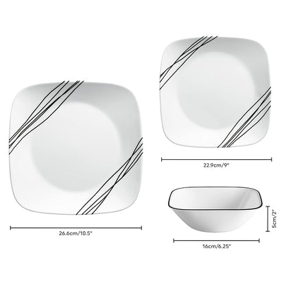 Corelle Dinnerware Set (12pc, Simple Sketch)-Dinner for 4 Includes x: Dinner Plates, Side & Bowls 3 X More Durable, Half The Space Weight of Ceramic up to 80% Recycled Glass, 1146920