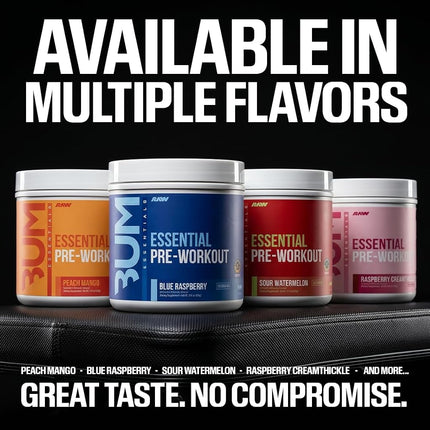RAW Nutrition - Essential Pre - Chris Bumstead Pre Workout Formula, Sports Nutrition Pre-Workout Powders | Men & Womens Drink, Energy Powder for Working Out (Blue Raspberry)