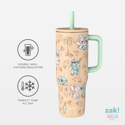 Zak Designs Disney Sutton Vaso de viaje para llevar, acero inoxidable de 30 oz con aislamiento al vacío, pajita de silicona y asa de transporte para bebidas frías (Stitch, Angel)