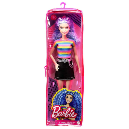 Barbie Fashionistas Doll #170 with Long Blue Crimped Hair, Star Face Makeup, Multi-colour Striped Tee, Denim Skirt, Black Boots & Silvery Chain Belt, Toy for Kids 3 to 8 Years Old, GRB61