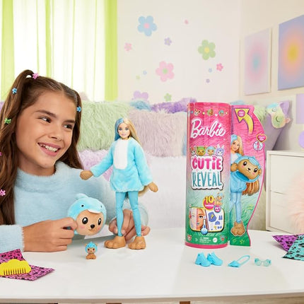 Barbie Cutie Reveal Doll & Accessories with Animal Plush Costume & 10 Surprises Including Color Change, Teddy Bear as Dolphin in Costume-Themed Series, HRK25
