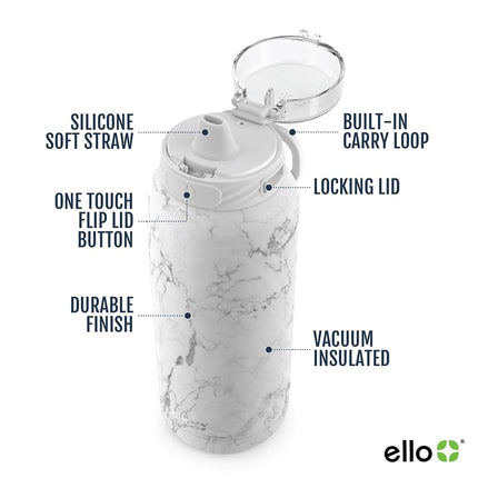 Ello Cooper 40oz Stainless Steel Water Bottle with Straw and Carry Handle, Double Walled and Vacuum Insulated Metal, Leak Proof Locking Lid with Soft Silicone Spout, Reusable, BPA Free, White Marble