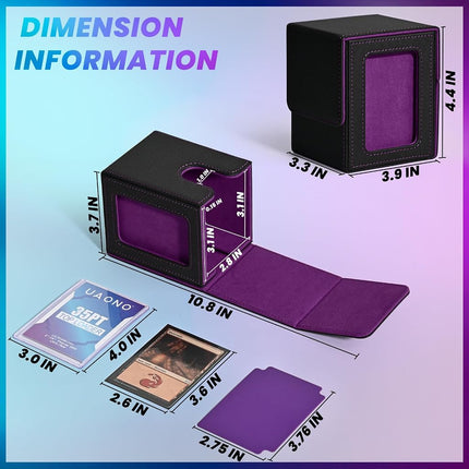 UAONO Card Deck Box with Command Display, Holds 100+ Double-Sleeved Cards, Storage Box Fits FFG/PTCG/Sports Cards with 2 Dividers, 1 Toploader (Black, Purple)