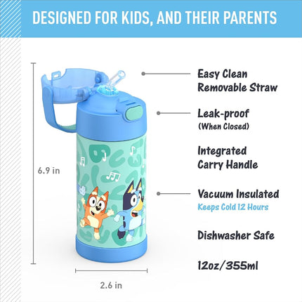 THERMOS FUNTAINER 12 Ounce Stainless Steel Vacuum Insulated Kids Straw Bottle, Bluey