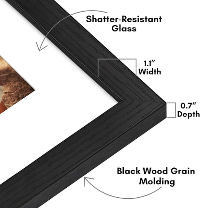 Americanflat 11x14 Poster Frame - Black Engineered Wood with Shatter-Resistant Glass - Matted to 8x10 Photo Size - Hudson Collection - Wide Picture Frame for Wall Display - Black