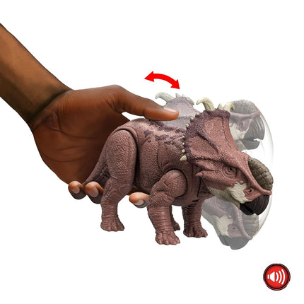 Mattel Jurassic World: Chaos Theory Netflix - Wild Roar Pachyrhinosaurus Dinosaur Figure with Continuing Head Strike & Roar Sound, Posable Toy & Digital Play, Ages 4 Years & Up, HTK72