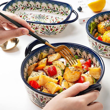 Bicuzat Vintage Style Tulip Flower Pattern Ceramic Bakeware Casserole Dish Baking Pan Lasagna Pans Baking Dish with Handles for Oven/Cooking/Kitchen-1 PCS-32 OZ