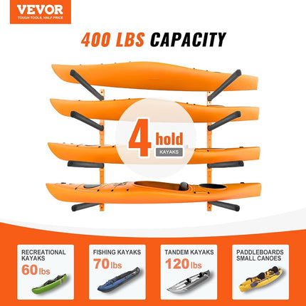 VEVOR Wall Kayak Storage Rack, 4-Capacity Wall Mounted Kayak Holders for Kayak Canoe Paddle Board, Kayak Storage Hooks with Adjustable Padded Arms, 181.6 KG Load Kayak Hanger for Indoor Outdoor Garage