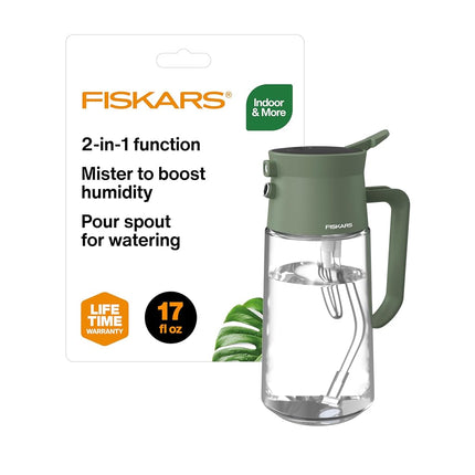 Fiskars 2-in-1 Mist & Pour Watering Carafe, Glass Plant Mister with Thumb Pump Sprayer, Precision Spout for Indoor Gardening, 17 oz Capacity, Modern Décor Style, Clear