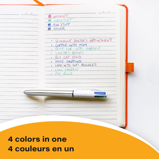 Bolígrafos retráctiles BIC 4-Color Shine, punta mediana versátil de 1.0 mm, tinta de larga duración, excelente idea para regalo, 3 unidades en colores surtidos
