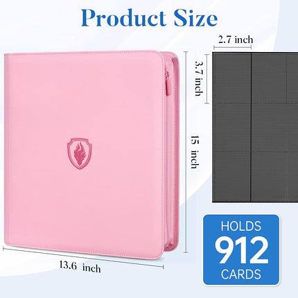 Premium Zip Card Binder 12 Pocket, Fabmaker 912 Pockets Trading Card Binder, PU Zipper Card Collection Album, Sturdy Side-Loading Card Book Holder for MTG, TCG, Game Cards, Sports Cards, Pink