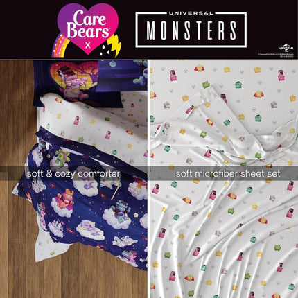 Franco Comforter and Sheet Set, Microfiber, Care Bears X Universal Monsters, 5 Piece Twin Size