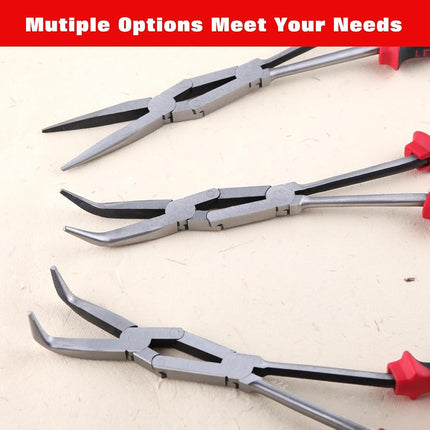 LEONTOOL Long Reach 90 Degree Bent Nose Pliers 13-Inch Dual Pivot Double Joint Serrated Jaw Angled Needle Nose Extra Extended for Narrow Spaces and Limited Areas