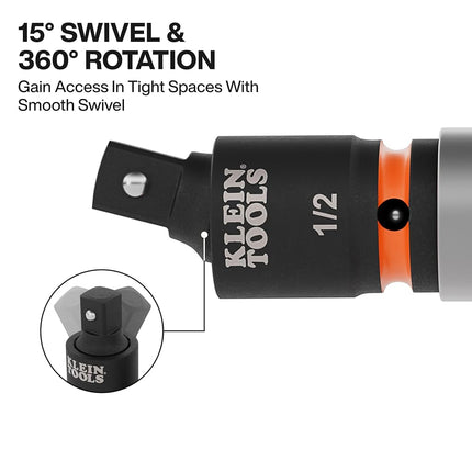 Klein Tools 65843SW Impact Wrench Swivel Socket Adapter Set, 3-Piece, 15-Degree Pivot, 1/4-Inch, 3/8-Inch,1/2-Inch Square Drive, Fixed-Position and Swivel, Impact Wrench to Socket Extensions