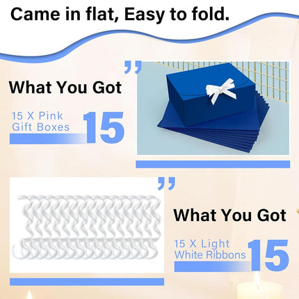 PEKGRIL 15 PCs Gift Boxes with Lids, Blue 10X8X4 Inch Gift Boxes, Bridesmaid Proposal Box with Ribbon, Kraft Paper Boxes for Wedding, Packaging, Present, Birthday, Christmas, Party