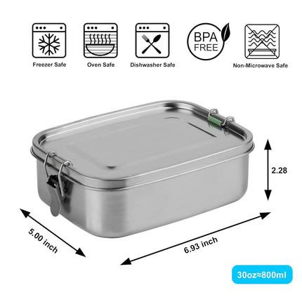 Stainless Steel Lunch Box - 800ml, Eco & Recyclable Food Container, Leakproof & Dishwasher Safe, BPA Free, On-The-Go Eating Design for Adults & Teens