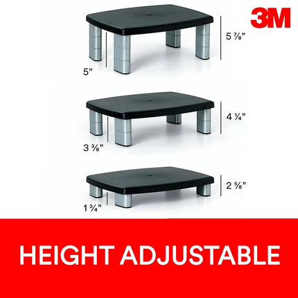 3M Adjustable Monitor Stand, Three Leg Segments Simply Adjust Height from 1" to 5 7/8", Sturdy Platform Holds Up to 80 lbs, 11-inch Space Between Columns for Storage, Silver/Black (MS80B)