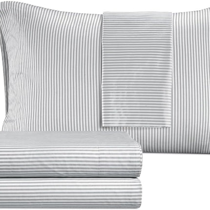 IZOD - Silky Sateen Cotton Sheet Set, Smooth & Buttery Feel, Long-Staple Cotton, Deep Pocket Sheets (300 TC, King/Grey Stripe)