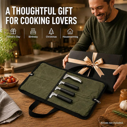 Pro Chef's Knife Roll(4 Slots), Heavy Duty Waxed Canvas Knife Bag Holds 4 Knives with Durable Handles, Portable Knife Carrier Case for Men & Women, Perfect for Travelling, Working, Barbequing, Campin
