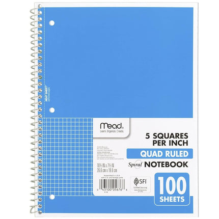 Cuaderno espiral Mead, 1 materia, papel cuadriculado, 7-1/2" x 10-1/2", 100 hojas, azul (05676AY7)