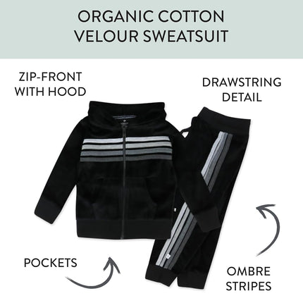 HonestBaby Velour Pullover Hoodie and Zip Front Sweatshirt and Jogger Sweatpants Set Baby, Toddler, Boys, Girls, Unisex, Black with Stripe, 3T, Black with Stripe, 3T