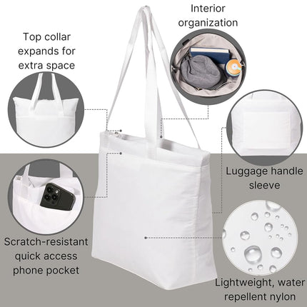 Baggallini Swift Tote Bag for Women - Lightweight 12x16 Nylon Zipped Travel Carry On Bag w/Luggage Sleeve, B-lite Bright White, One Size