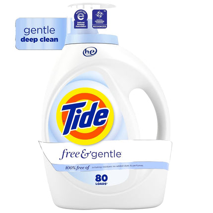 Tide Free & Gentle Liquid Laundry Detergent, 80 Loads, 105 fl oz, Unscented, Dyes and Perfume Free