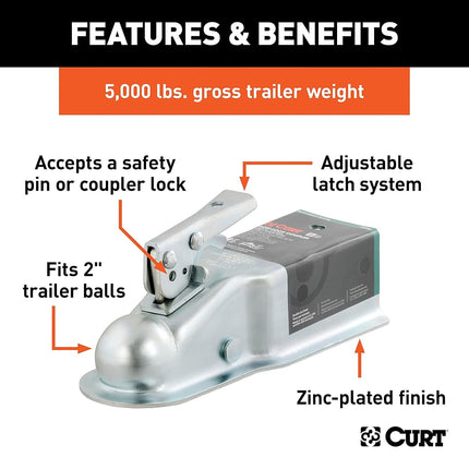 CURT 25100 Straight Tongue Trailer Coupler for 3-Inch Channel, 2-In Hitch Ball, 5,000 lbs
