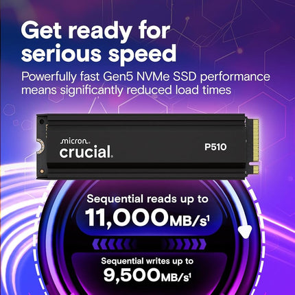Crucial P510 1TB SSD NVMe M.2 PCIe 5.0 x4 Gen5 with Heatsink, Read/Write Speeds up to 11,000/9,500 MB/s, Desktop PC and PS5 Compatible, TLC NAND, Solid State Drive - CT1000P510SSD5-01