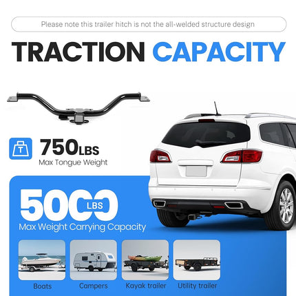 Enganche de remolque ECOTRIC Clase 3 compatible con Chevy Chevrolet Traverse 2013-2017, Buick Enclave, GMC Acadia, con receptor de 2 pulgadas, acero con recubrimiento en polvo negro, capacidad de 5000 lb.