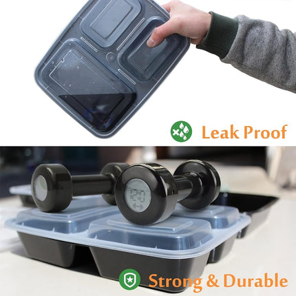 Enther Meal Prep Containers [20 Pack] 36oz 3 Compartment with Lids, Food Storage Bento Box with Souffle Cups BPA Free/Reusable/Stackable, Microwave/Freezer/Dishwasher Safe, Portion Control Black