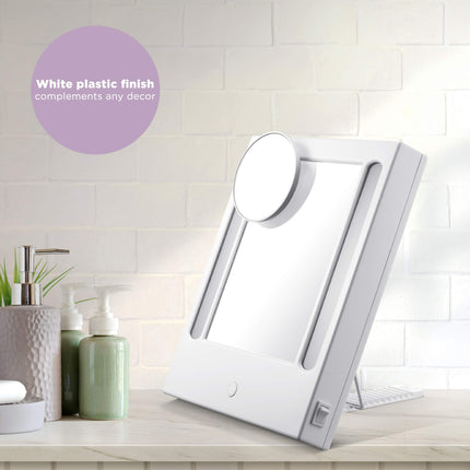 Espejo de Maquillaje Iluminado Conair con Aumento Localizado de 5X, Espejo de Tocador LED, Espejo de Aumento 1X/5X, Espejo de Mesa, con Cable, en Blanco Brillante