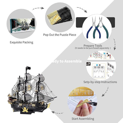 Piececool 3D Puzzles for Adults, Metal Pirate Ship Model Kits, 307 Pcs DIY 3D Watercraft Metal Model Kit, Christmas Birthday Gifts Toys for Adults and Teens, Brain Teasers Hand Craft Kits