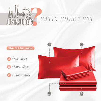 Elegant Comfort Luxurious 4-Piece Silky Satin Sheet Set, Skin and Hair Friendly, Wrinkle, Fade, Stain Resistant with Deep Pockets Fitted Sheet, Cooling Soft Satin Sheet Set, Twin, Red
