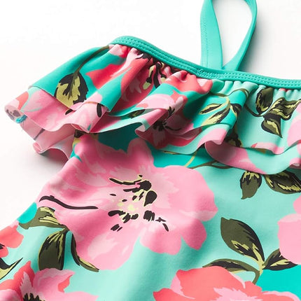 Traje de baño de una pieza con volantes y un solo hombro Kanu Surf Morgan Floral para niña, rosa/verde Flower Power, 14