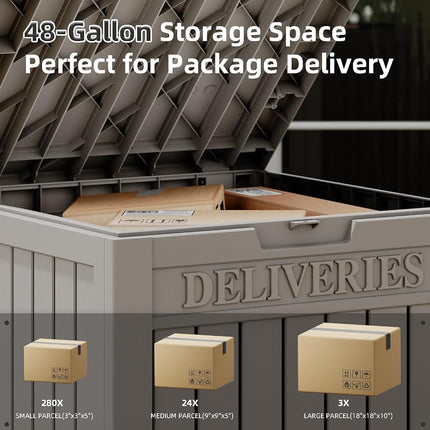 48 Gallon Package Delivery Box for Porch, Storage Box with Lockable Secure, Large Double-Wall Resin Outdoor Package Delivery and Waterproof Deck Box