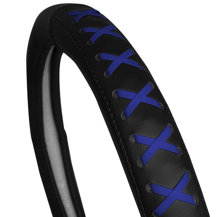 FH Group 15 Inch Genuine Leather with Lace-Up Detailing Steering Wheel Cover fits Most Cars, SUVs, and Trucks Blue